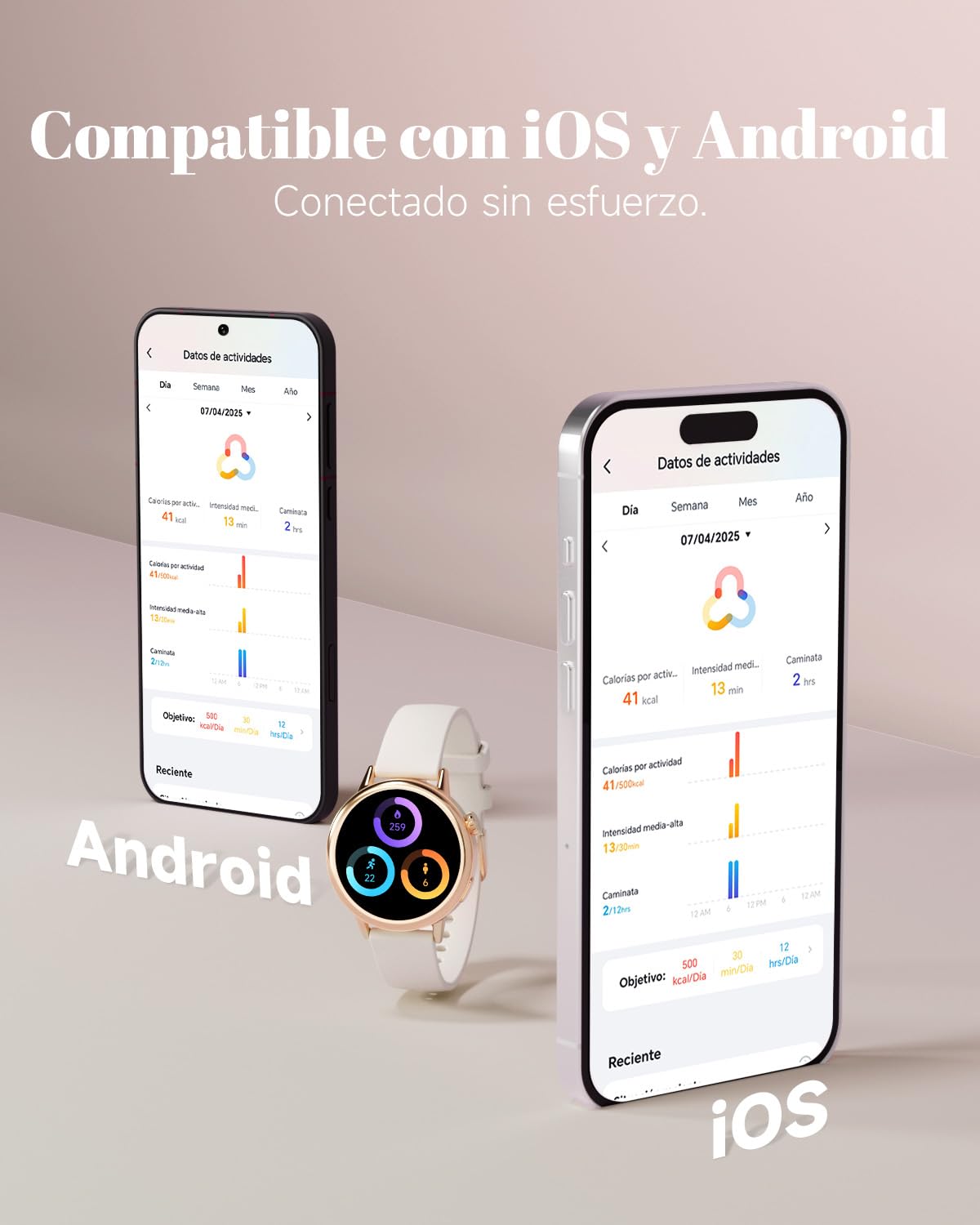 TOOBUR Reloj Inteligente Mujer Pequeño, Pantalla AMOLED de 37 mm, Reloj Deportivo con Contador de Pasos y Calorías, Smartwatch con Llamadas, Compatible Android y iOS Phones, Beige