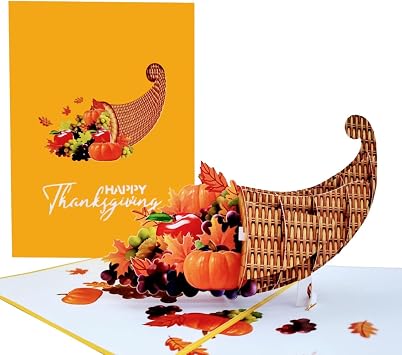 iGifts And Cards Thanksgiving Cornucopia 3D Pop Up Card Horn of Plenty Fall Harvest Centerpiece with Pumpkins, Grapes, Leaves Autumn Greeting Card for Family & Friends 5" x 7" with Envelope
