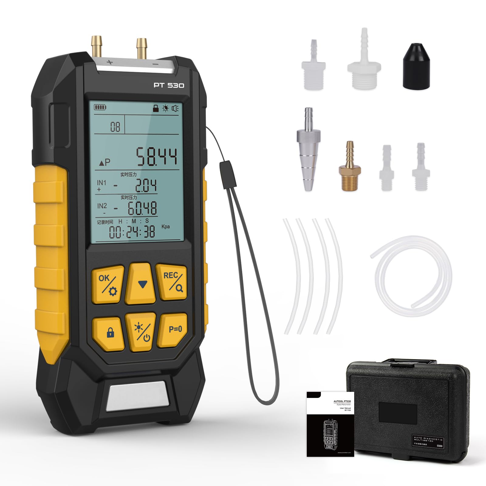 Medidor de presión diferencial PT530, para medir diferencias de presión con un rango de medición de -100 a 300 kPa, aplicable en diferentes escenarios de sistemas HVAC y 11 unidades seleccionables