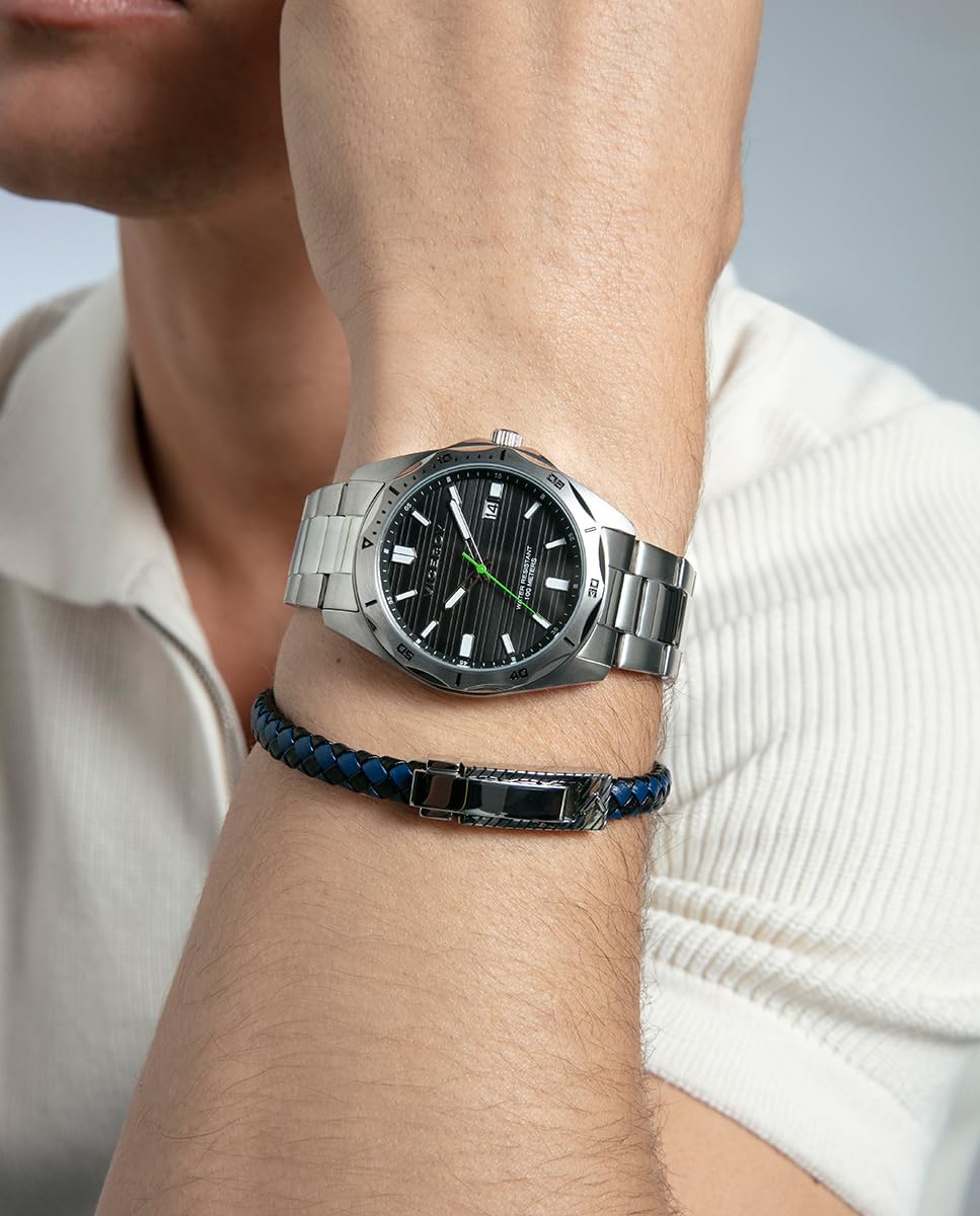 Viceroy Pulsera Hombre de Acero Inoxidable y Piel Trenzada - 21,5 cm - 75444P