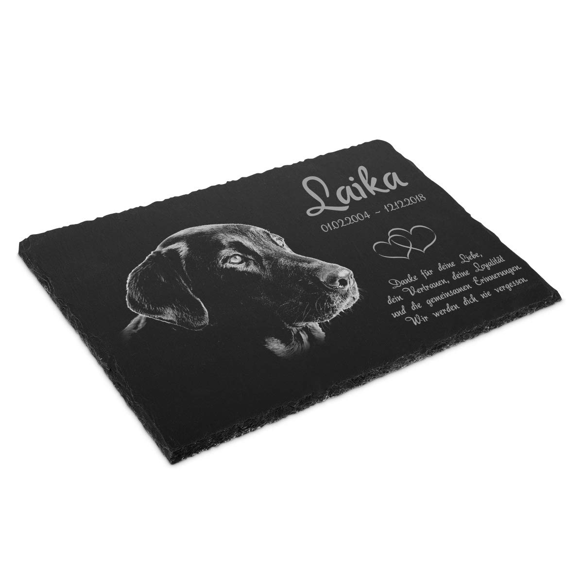 personalisierte Schiefer Tiergrabstein Gedenktafel 30x20 cm wetterfest - Individuelles Foto und Text, Schwarz-Weiße Gravur (mit Laser eingebrannt)