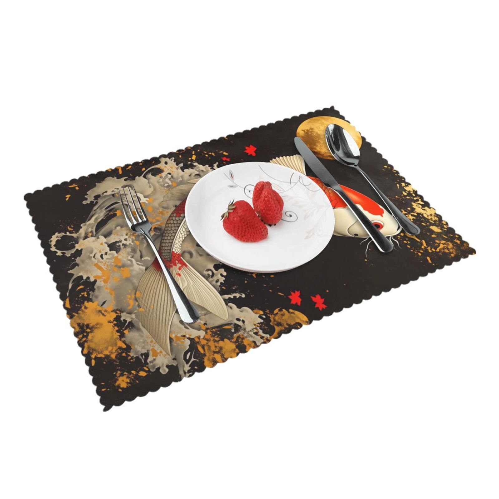 Koi Fish Moon Water Placemats Set of 4 Print Table Mats Place Mats Table Decor for Kitchen Dining 12X18 in