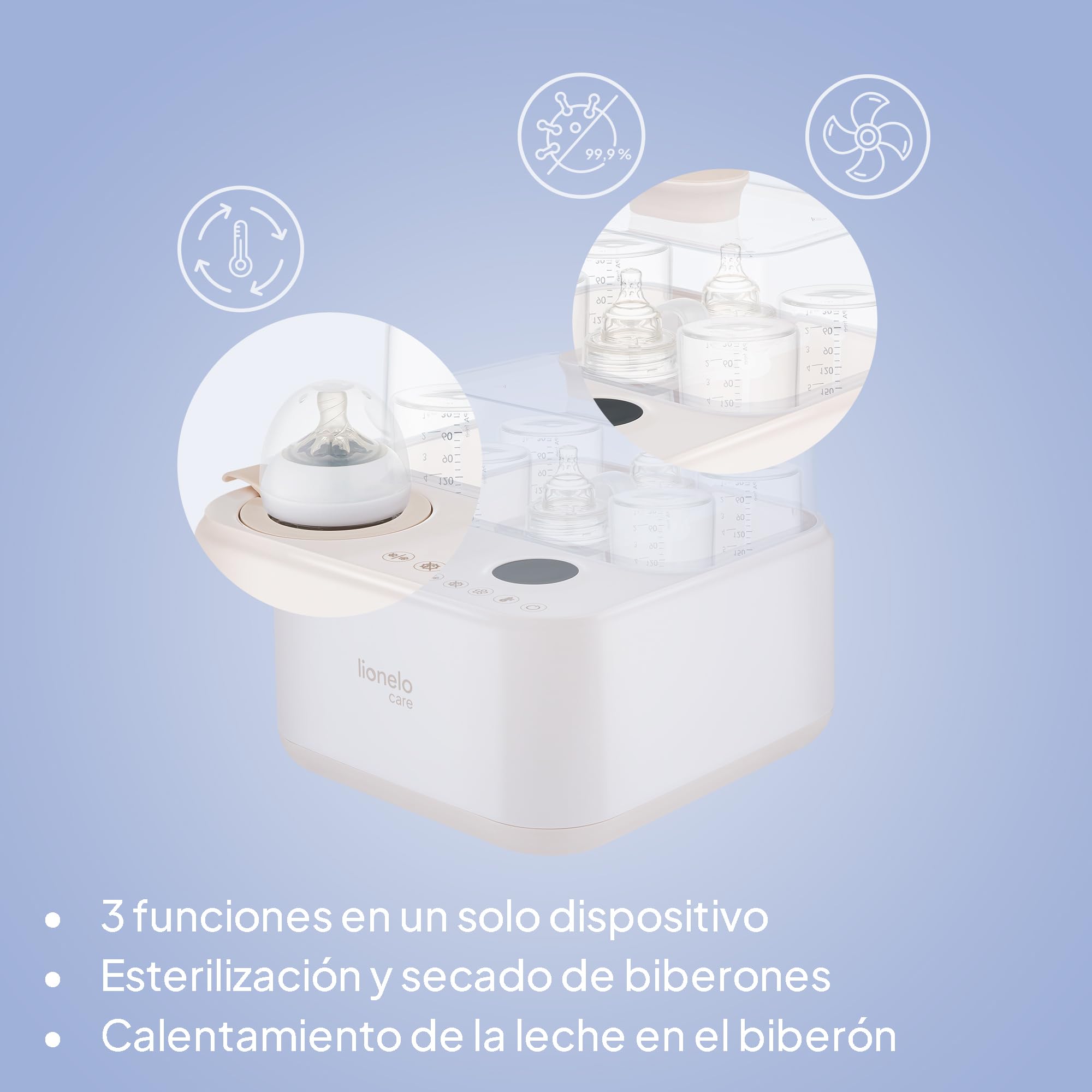 Lionelo Steamup Esterilizador Eléctrico de Biberones 3 en 1, Vapor y Secado Aire Caliente, Calentador de Biberones con Sonda, Panel Táctil Digital, Sin Bpa, Apagado Automático, 4 Biberones, 220–240v | Con secadora y calentador de biberones, esterilizador