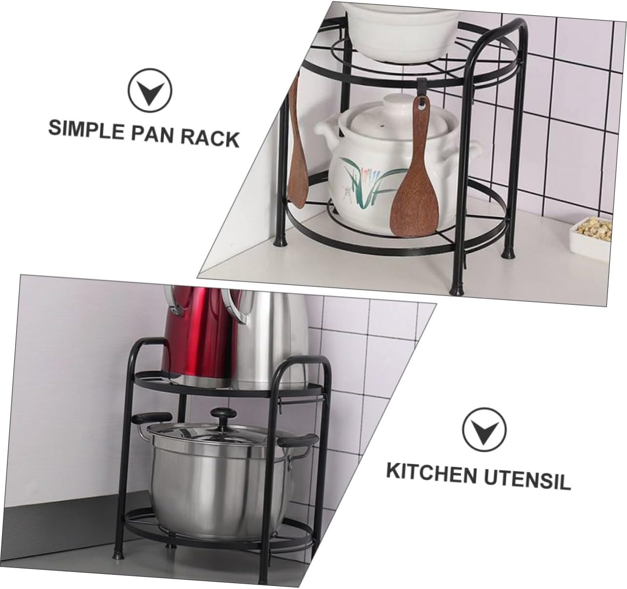Creative Two-layer Kitchen Floor Shelf with Pads Detachable Simple Pan and Pot Rack for Convenient Cookware Storage Black