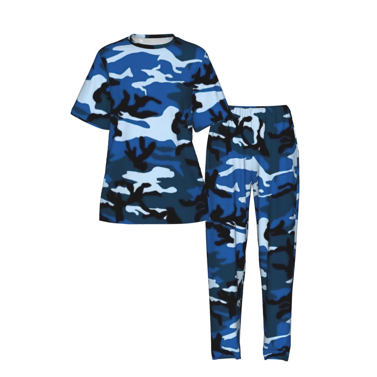Niebieski Camo Print damska piżama z krótkim rękawem zestaw bielizna nocna letnia miękka wygodna domowa bielizna nocna