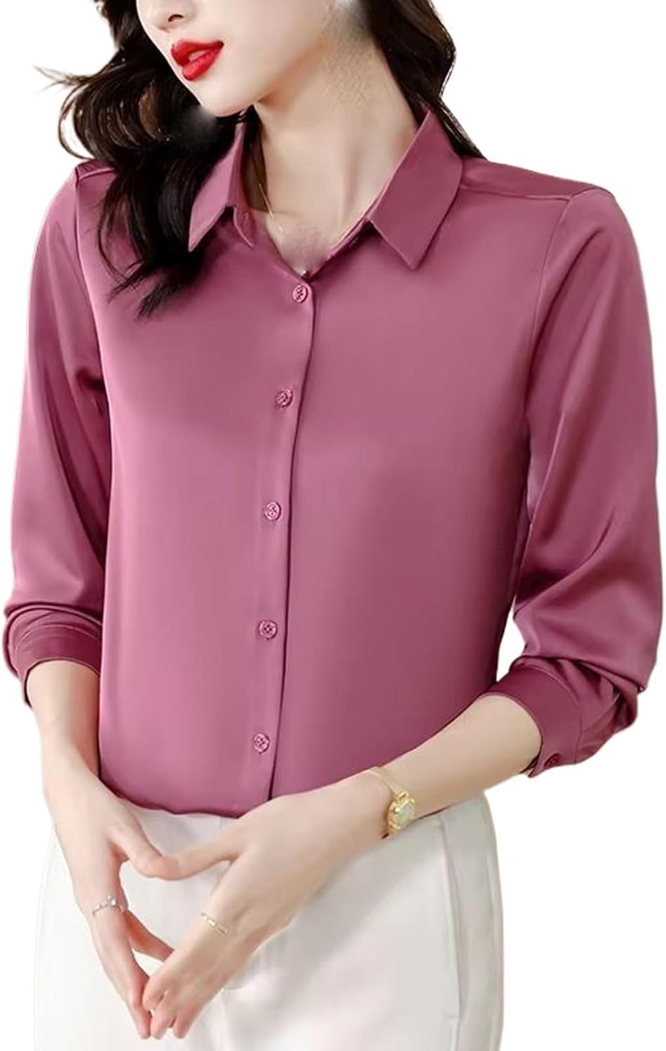 Women's Blouse Office Lady Solid Top Vintage Long Sleeve Satin Shirt