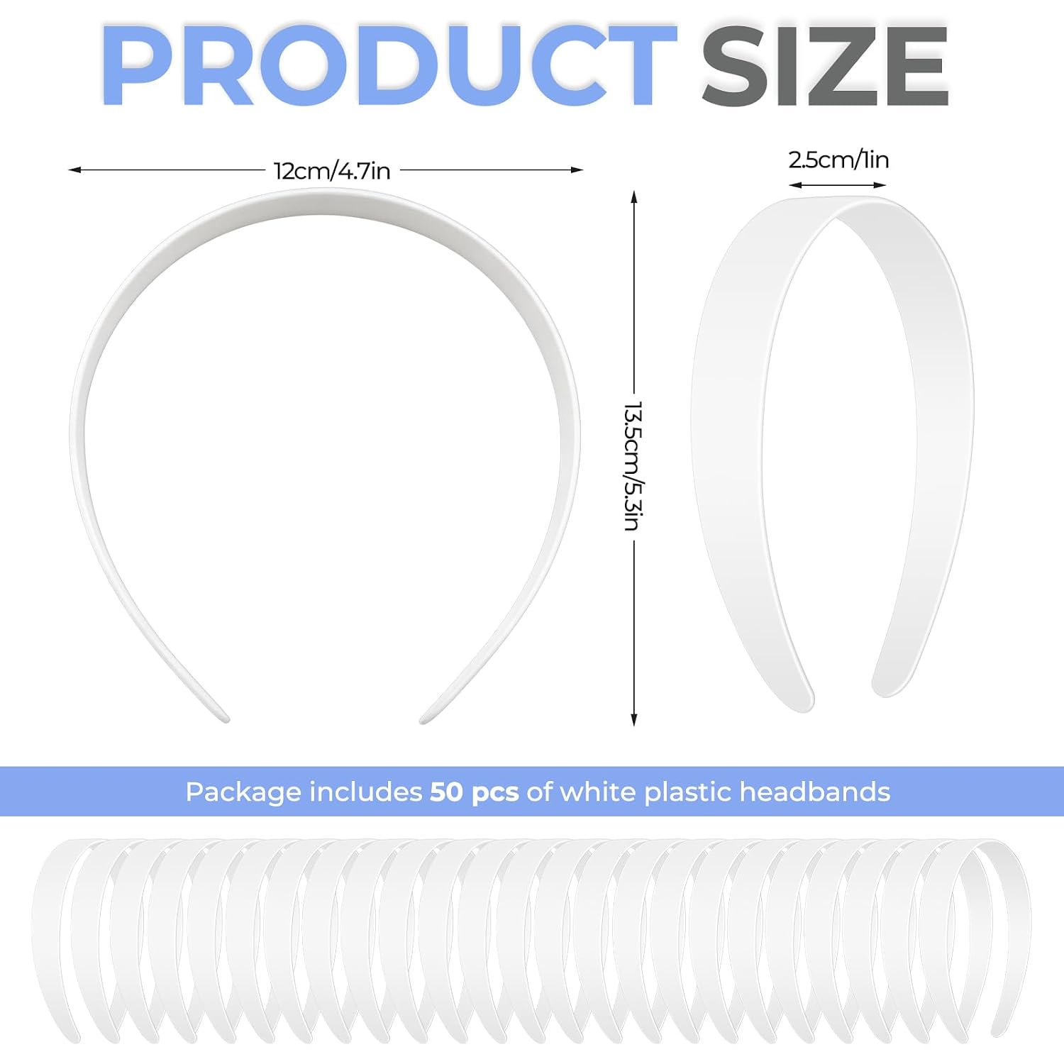 50 PCS 1 Inch Wide White No Teeth Plastic Headbands, Blank Plain DIY Hair Bands for Girls Women Craft Projects