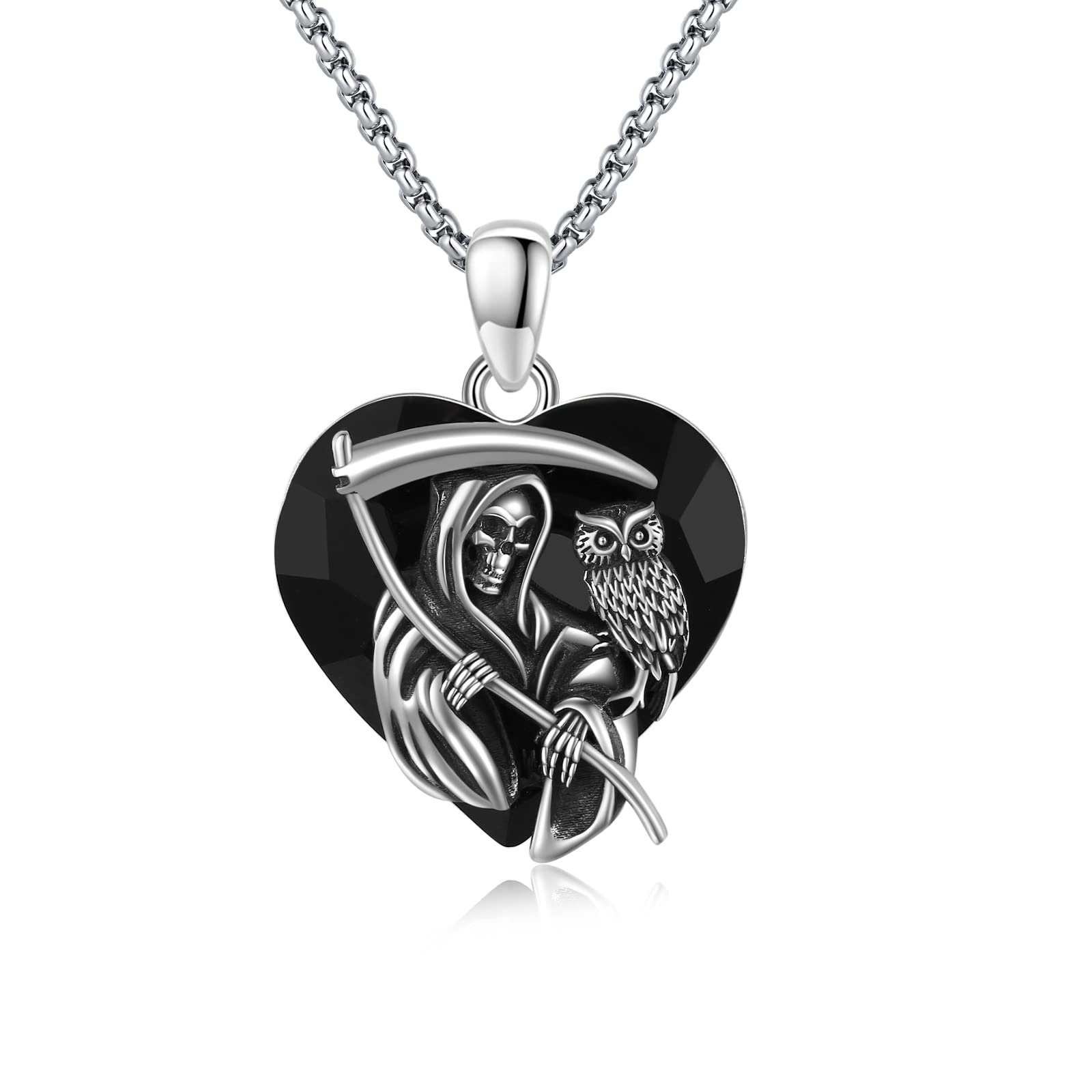 Reaper - Collar de plata de ley 925, diseño de búho y Santa Muerte con cristales negros, collar de Halloween, joyas de Halloween, regalo para mujeres y hombres, 22 + 2 pulgadas, 18 * 18 mm, Plata