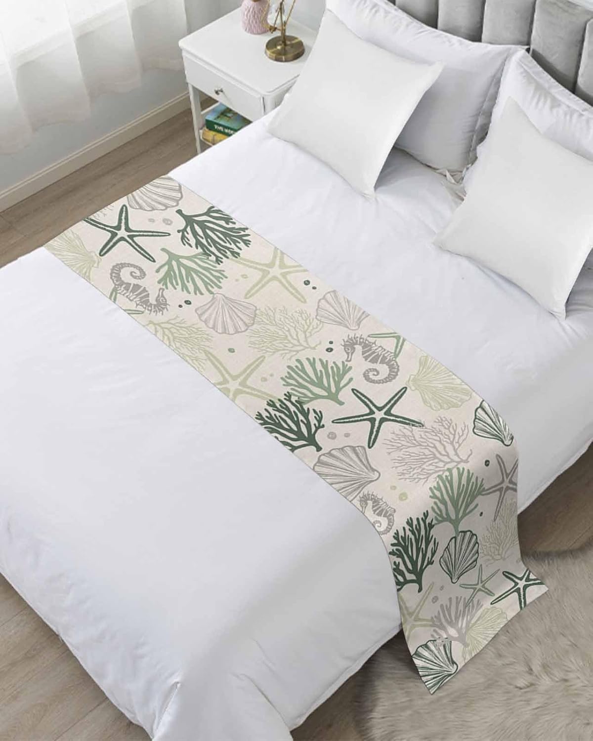 Ocean Coastal Bed Runner Scarf Full Queen Size, Retro Coral Starfish Shell Seahorse Luxury Bed Throw Runners & Scarves for Twin Full Queen King Foot of Bed, Hotel Wedding Room Decoration, 83"x20"