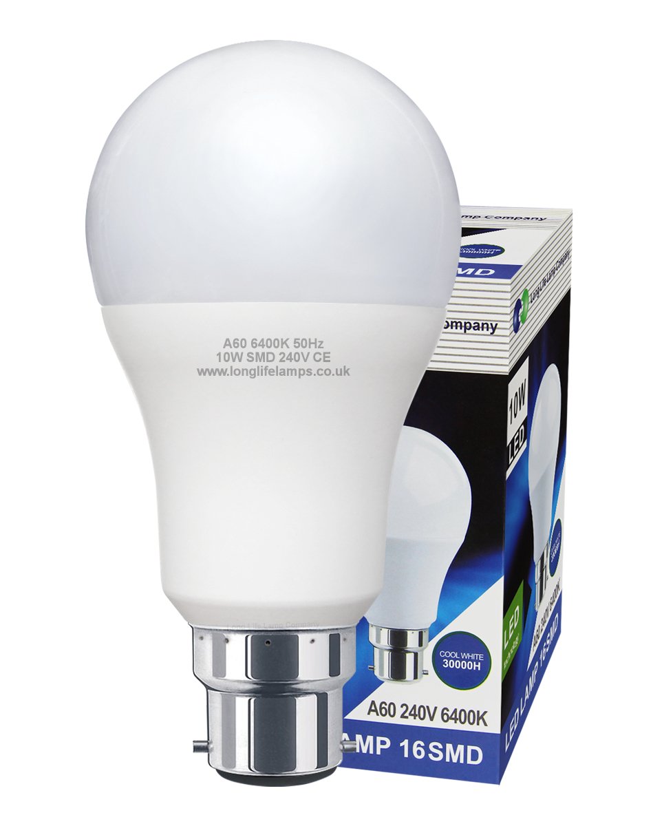 Long Life Lamp Company Cool White 2 Pack 10W Gls Led Light Bulb B22 Bayonet Very Bright 10W = 100W A60