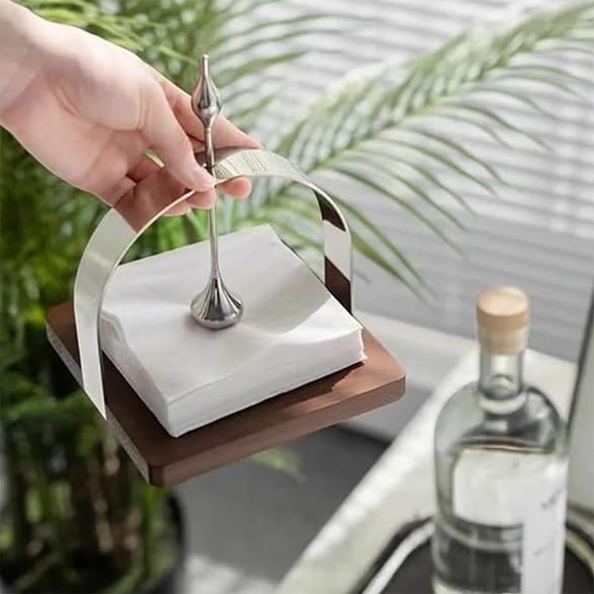 Estante para papel de seda, dispensador vertical y plano de acero inoxidable con base de madera de nogal para restaurantes, cafeterías o encimeras de comedor en casa
