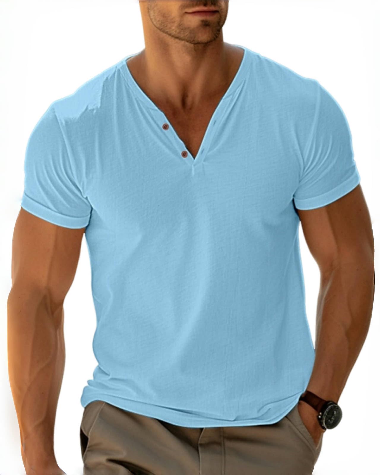 LAOARA Henry Maglietta da uomo estiva, a maniche corte, con bottoni, per vacanze, casual, leggera