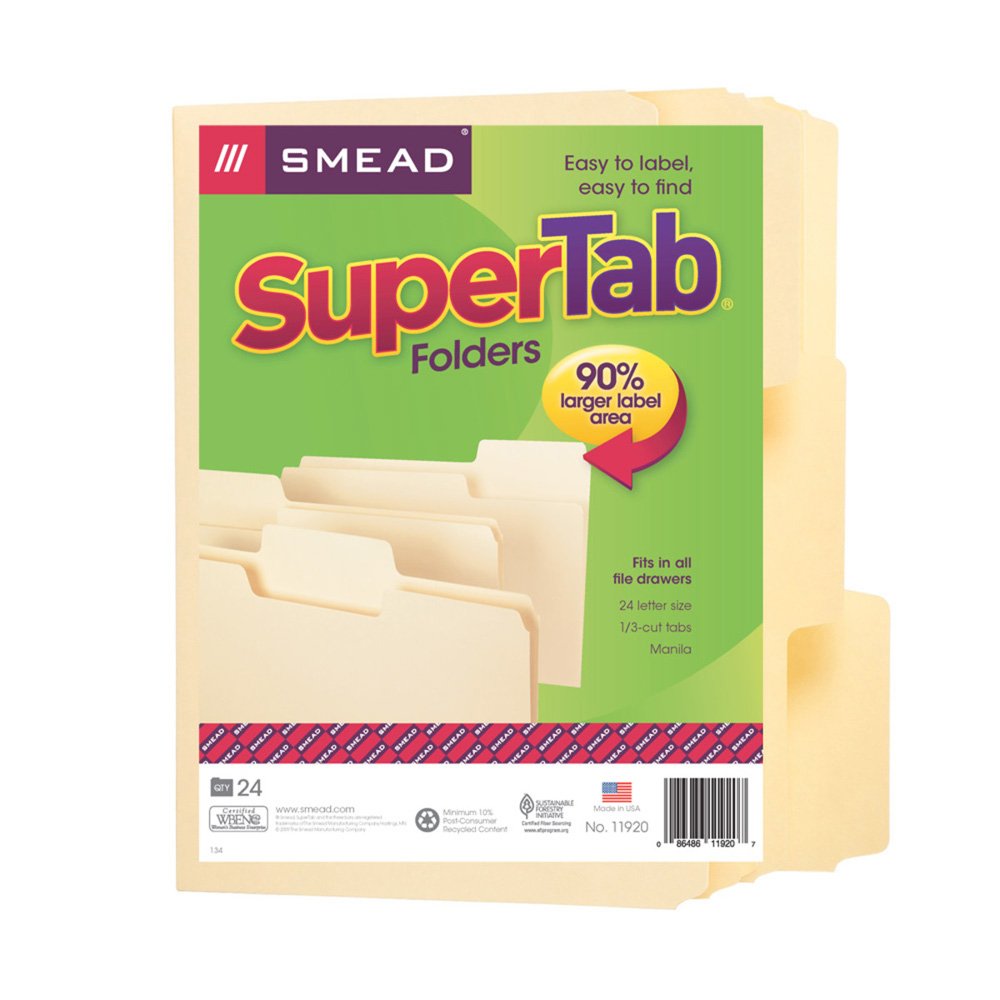 Super Tab Folders,Letter, 1/3 Cut Tab, Ltr, 11pt,24/BX, Manila, Sold as 1 Package