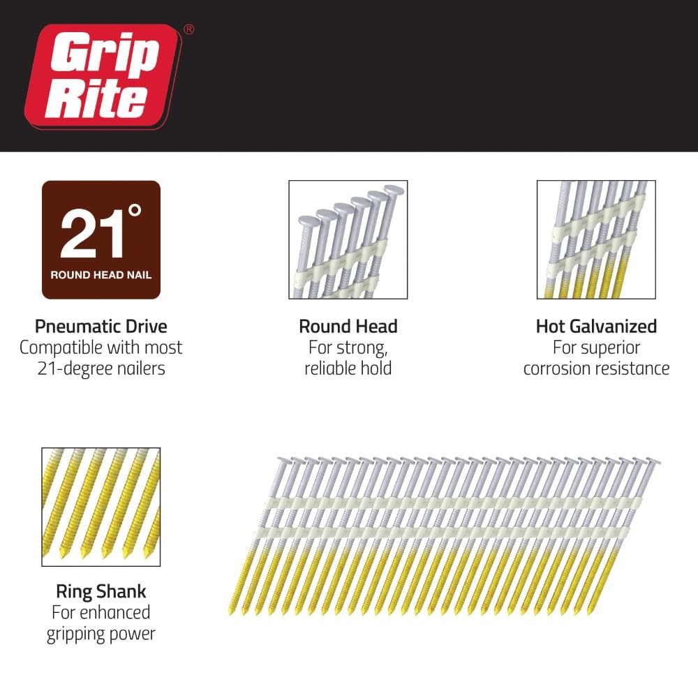 Grip-Rite GR08RHG1M 2-3/8" x .113", 21-Degree Plastic Strip Round Head Framing Nails, Ring Shank, Galvanized, 1M Plastic Tub (1000 Count) — Amazon image 2