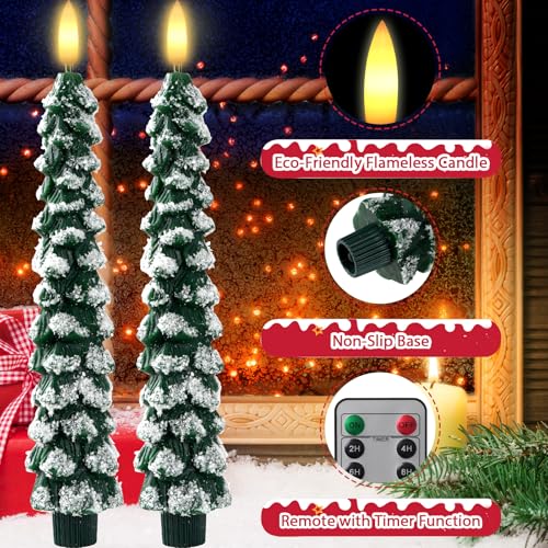 Image of Flameless Christmas Tree Candles with Remote - 2 Pack LED Snowy Tree Battery Operated Candles, Realistic Flickering Flame, Safe Holiday Home Decor for Christmas Decorations & Gifts