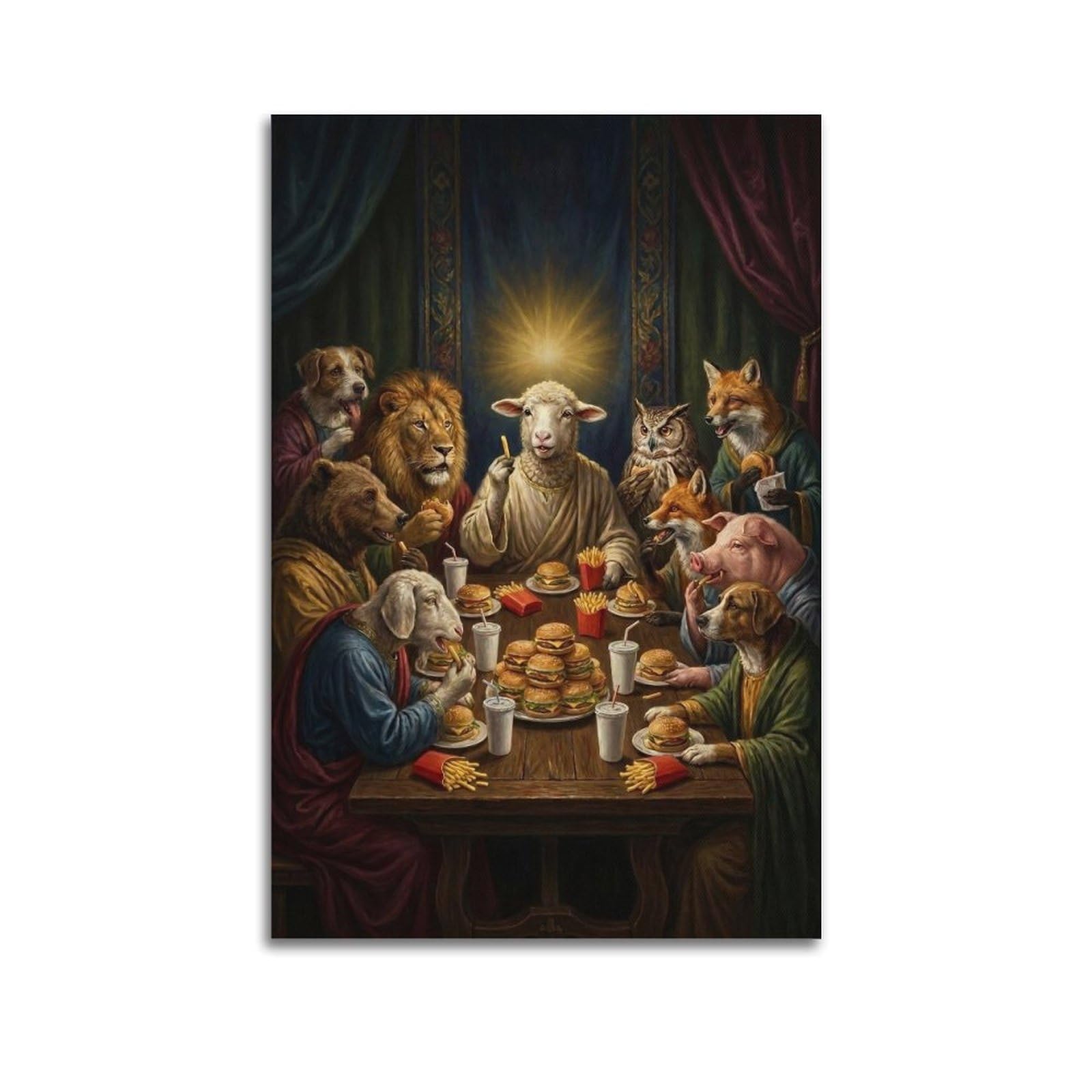 XKUGA Surreal Animal Art Poster The Last Supper Modern Decorative Canvas Prints - Ideal Wall Art for Family, Man Cave, Game Room, Boys & Girls Bedroom 20x30inch(50x75cm)