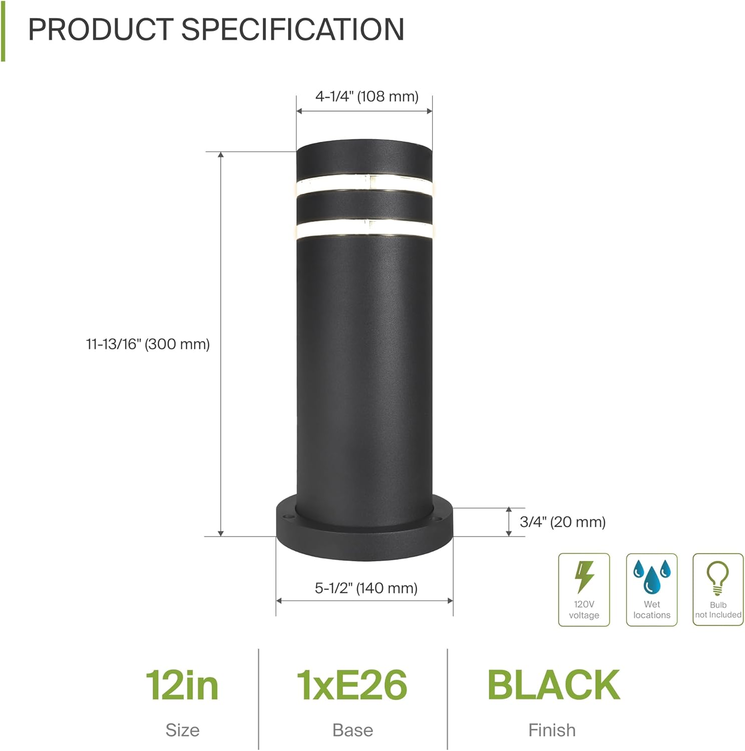 ASD 12" Round Bollard Light Fixture, Outdoor Pathway Floor Lamp | Antiglare, Waterproof, ETL Listed | 60W E26 Bulb Socket 120V | Landscape Hardwired Lighting, Exterior Post Lantern | Black