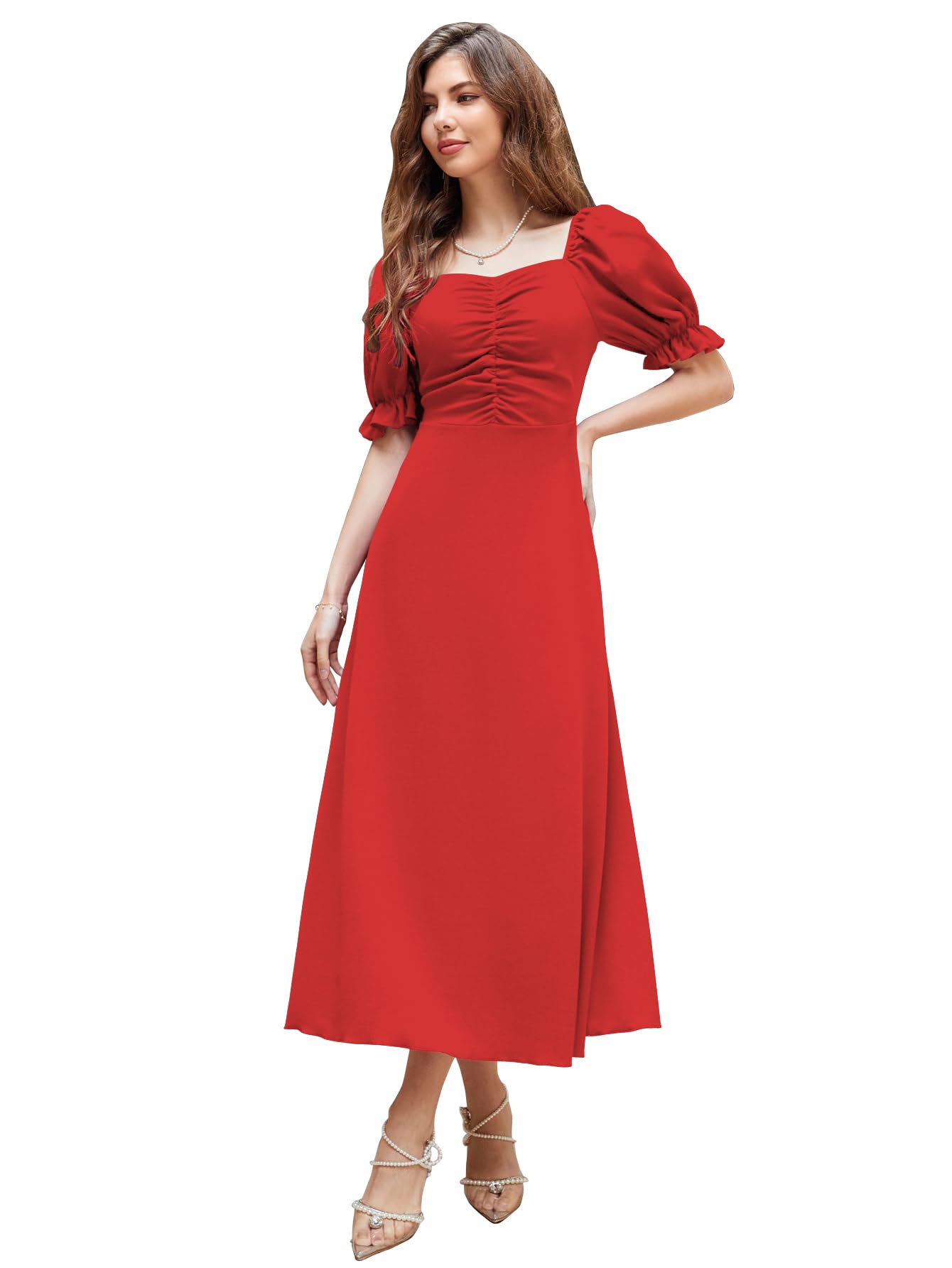 Shasmi Girl's & Women's Solid Red A-Line Ruched Puff Sleeve Maxi Long Evening One Piece Long Dress For Women Stylish (Dress 131 Red-S)