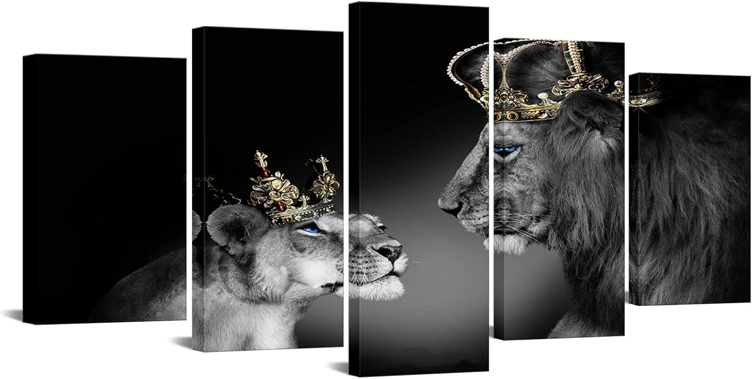 KREATIVE ARTS 5 Pieces Lion Pictures Wall Decor for Bedroom African Lion King and Queen with Crown Wall Art African Wild Animal Picture Black and White Lion Head Prints Artwork for Office 50x24inch