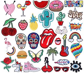 Iron on Patches 32 Pcs Stickers Cute DIY Clothes Patches Embroidery Applique for Sewing or Iron-on for T-Shirt Jean Clothes Bag Jacket, Backpack and Shoe