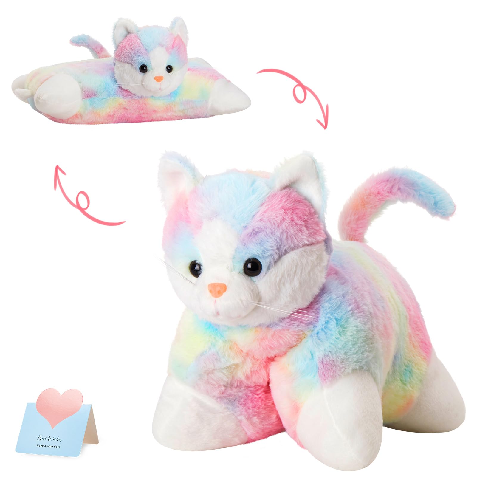Glow Guards 16" Rainbow Cat Plush Pillow,Cute Kitty Stuffed Animal Soft Lovely Colorful Toy,Bedtime Sofa Decors,Christmas Birthday Children's Day
