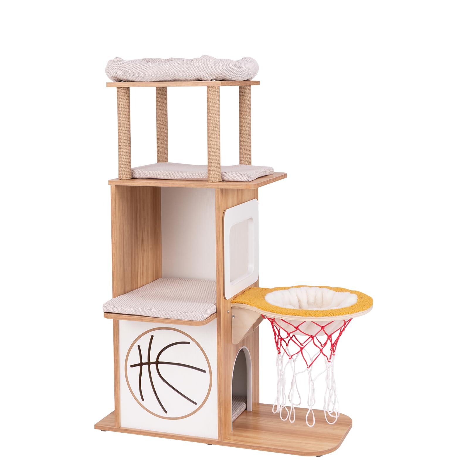 GYMAX Albero Tiragraffi per Gatti, 78 x 35 x 120 cm, Torre a 4 Livelli a Tema Sportivo con 2 Casette per gatti, Piattaforme, Amaca Canestro, Pali Tiragraffi in Iuta, Cuscini Rimovibili e Lavabili