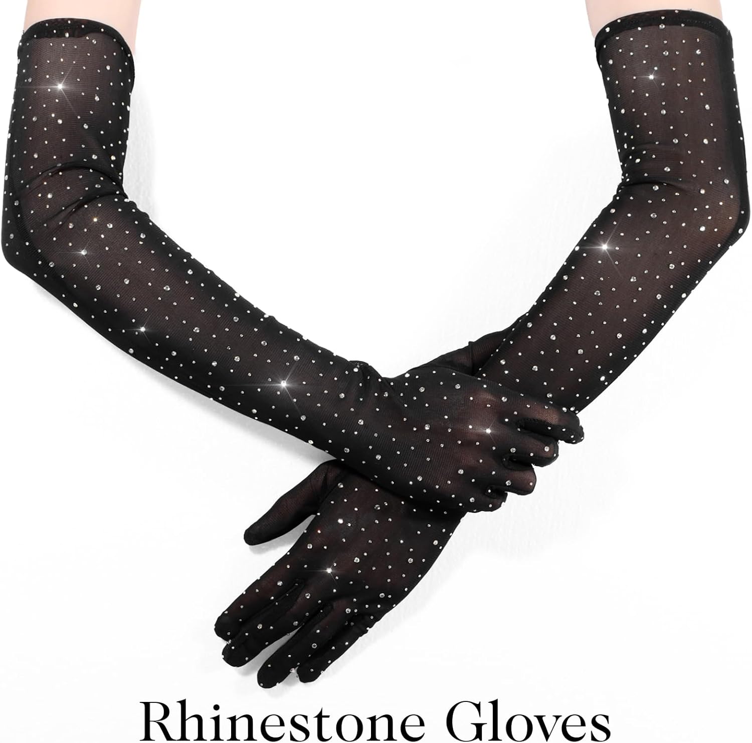Yolev Lace Gloves Rhinestone Sheer Gloves Sparkly Glitter Fishnet Glove Long Mesh Arm Sleeve Tulle Glove Halloween Wedding - Image 9