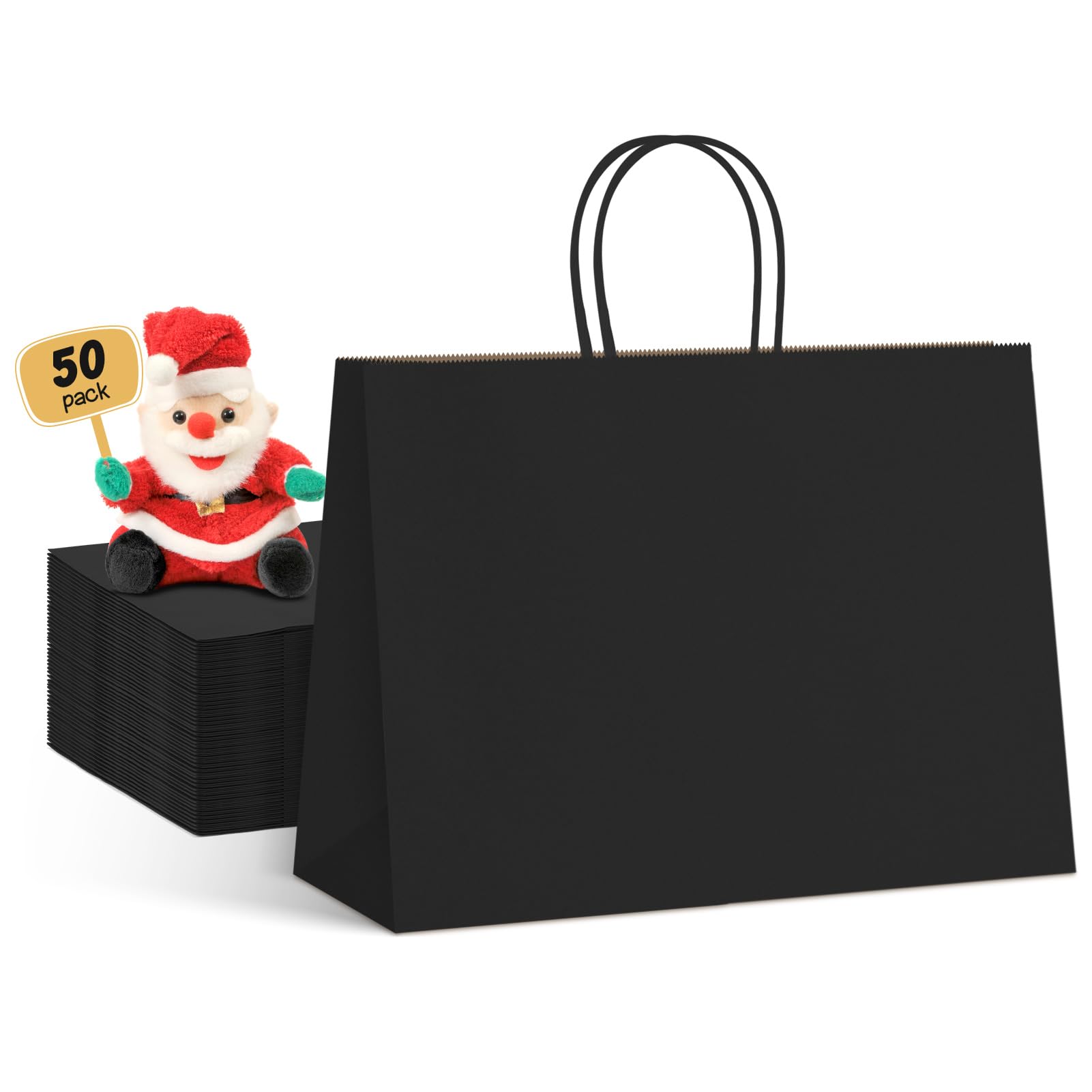 METRONIC Gift Bags with Handles,16x6x12 Inch Recyclable Black Paper Bag 50 Pack, Kraft Shopping for Business Grocery (Bulk)