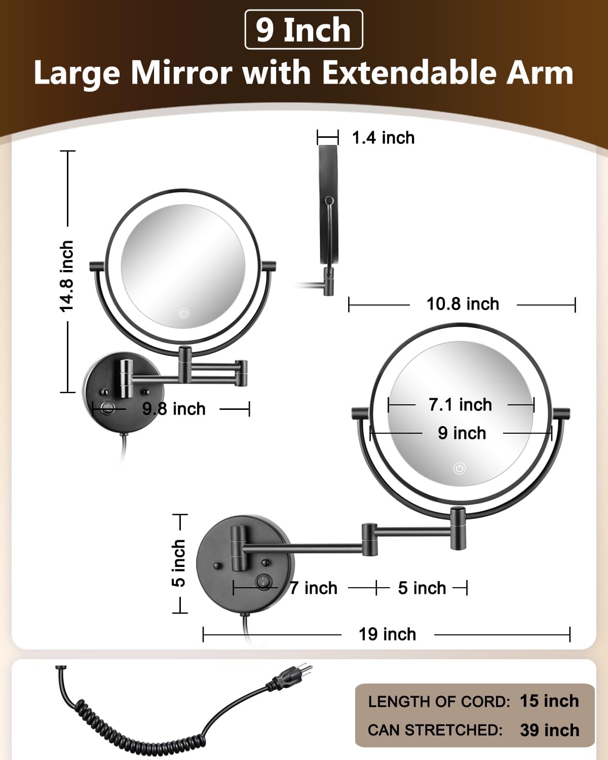 ALHAKIN 9 Wall Mounted Lighted Makeup Mirror, Large Double Sided 1X/10X Magnifying Mirror, 3 Color LED Vanity Mirror with Lights, Touch Dimmable 360° Swivel Light Up for Bathroom, Black