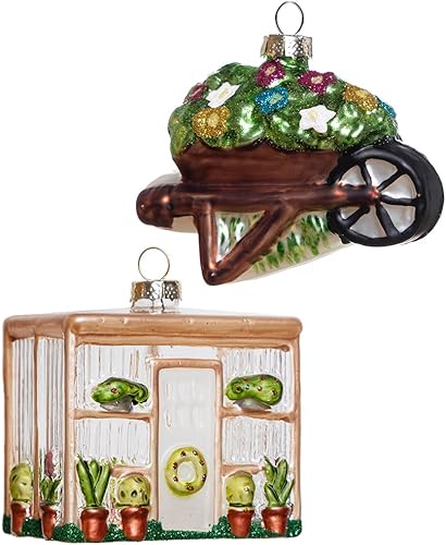Adorno de invernadero de vidrio soplado a mano y adorno de carretilla, juego de 2 adornos de jardín de vidrio para árbol de Navidad