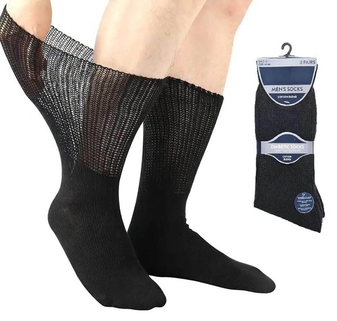 OnlyBee Men’s Extra Wide Socks 3 Pairs – Loose Top Socks for Swollen Legs Feet – Ideal for Diabetics Diabetes – Honeycomb Top Large Fit – UK Size 6–11