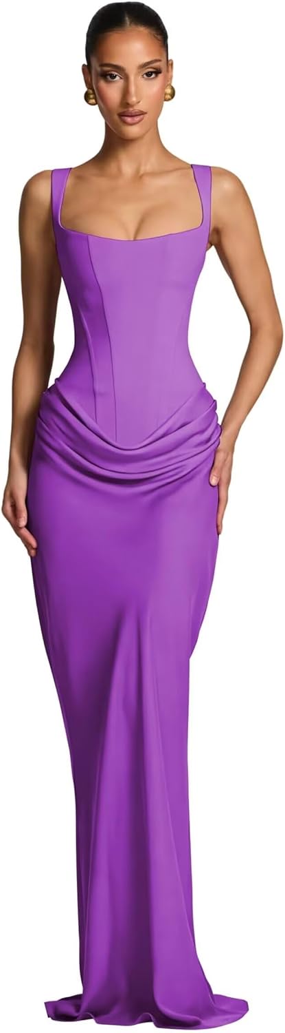 Fashionbride Mermaid Satin Prom Dresses for Women Spaghetti Straps Formal Dress Long Corset Pleated Evening Gown AP129