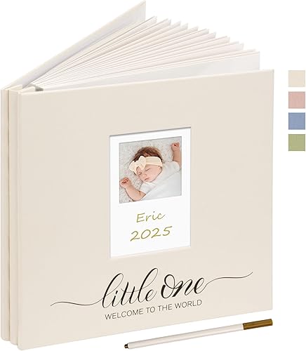 Vienrose Self Adhesive Photo Album 4x6 with Window Baby Memory Book Fabric Cover with PVC Cover Photo Sleeve & 2 Decorative Cards DIY Scrapbook for Newborn, Baby Shower 20 Sheets 40 Pages Beige
