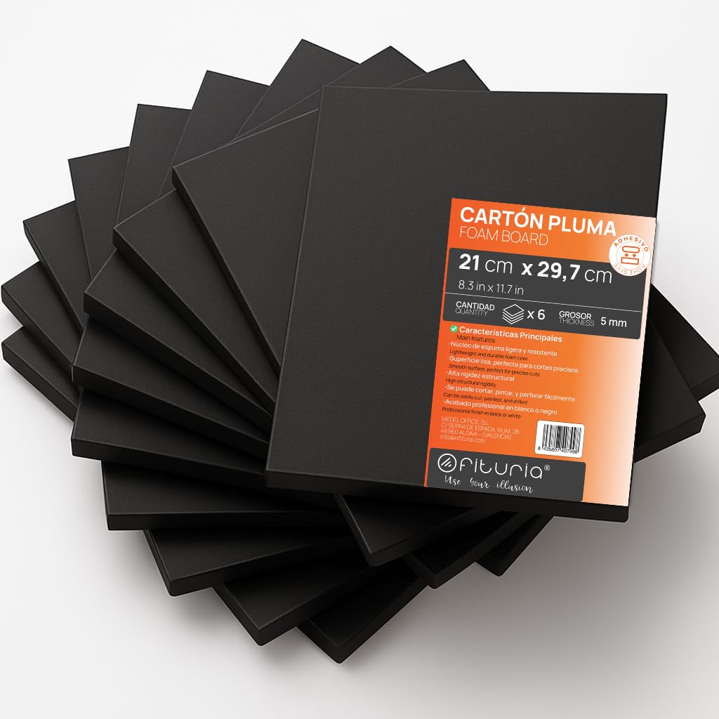 OFITURIA Black Foam Board A4 Adhesive (21 x 29.7 cm) Pack of 6 Pieces, Foam Sheet, Lightweight and Rigid Foam Board, Multi-Purpose Foamboard with Easy Cut, Ideal for Crafts and Models, Thickness 5 mm