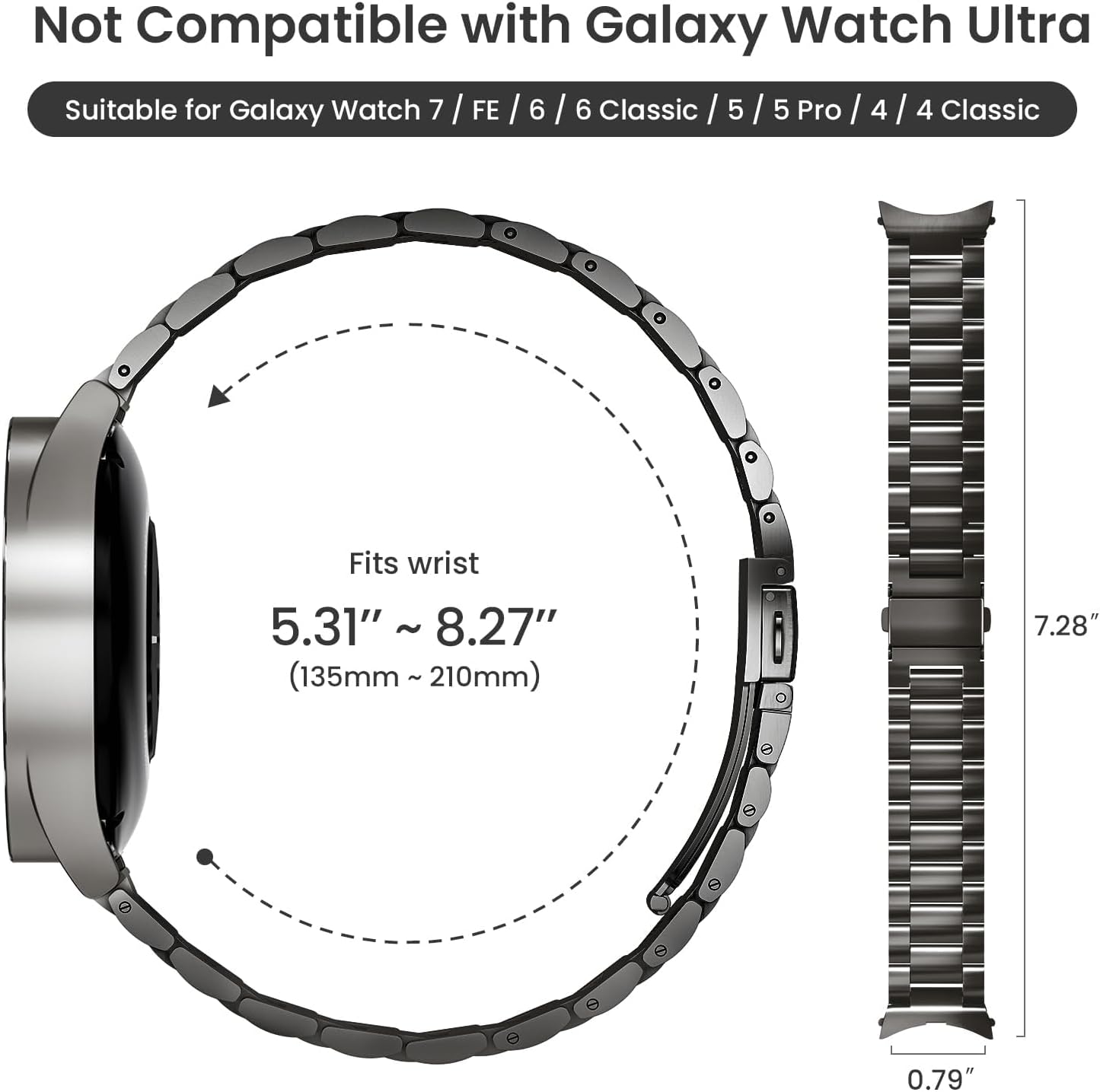Stainless Steel Band Compatible with Samsung Galaxy Watch 7 6 5 4 FE Pro Classic 40mm 44mm 43mm 47mm 45mm 42mm 46mm, 20mm Metal Elegant Casual No Gap Strap for Women Men