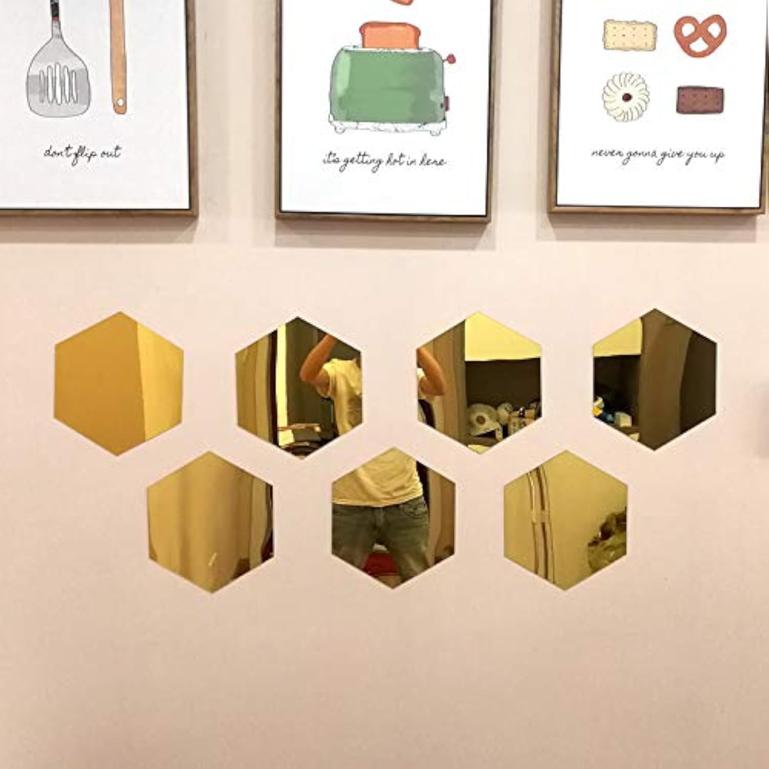 YongPan 24PCS DIY Hexagon Acrylic Mirror Sticker, Mirrored Sticker Decal,Adhesive Acrylic Mirror Tiles for Scrapbooking,Crafts Making and Home Decoration (4", Gold)