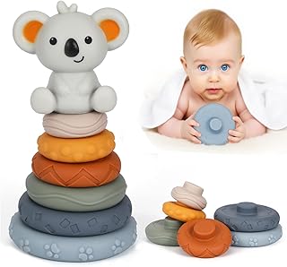 Pack of 7 Stacking Toys with Rings, Stacking Tower Squeeze Teething Baby Toy with Koala Early Education Toy Gifts for 6 12 18 Months Baby Toddler Boys Girls Montessori Toy