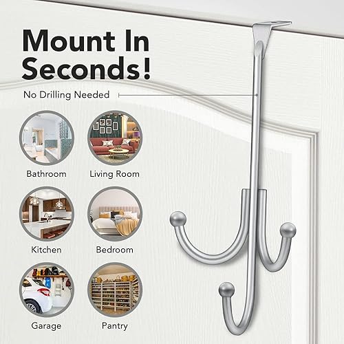 Miniatura 3 de Paquete de 2 ganchos para colgar sobre la puerta, con 3 cabezales para colgar y almohadillas de ajuste cómodo, 2 ganchos resistentes para colgar