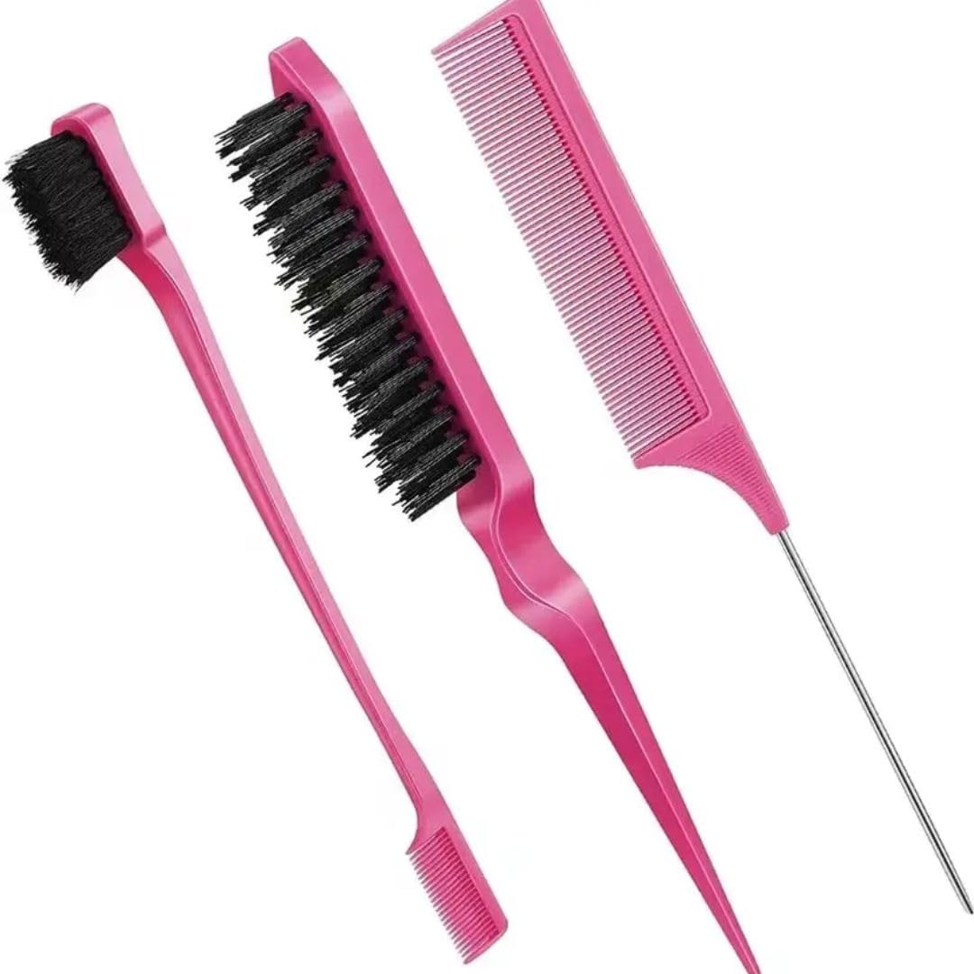SHAPE SORTING 3-Piece Hair Styling Comb Set: Teasing, Rat Tail, Edge, and Back Brushing - Achieve Flawless Styles with Ease (PINK, Plastic Metal Nylon)