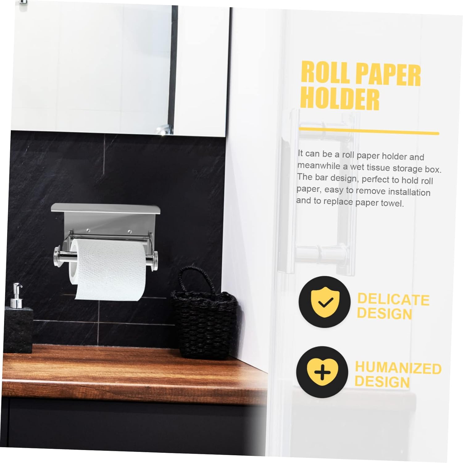 Stainless Steel Toilet Paper Holder with Shelf Rustproof Bathroom Storage Rack for Tissue and Items Easy Install Wall-Mount Design for Use