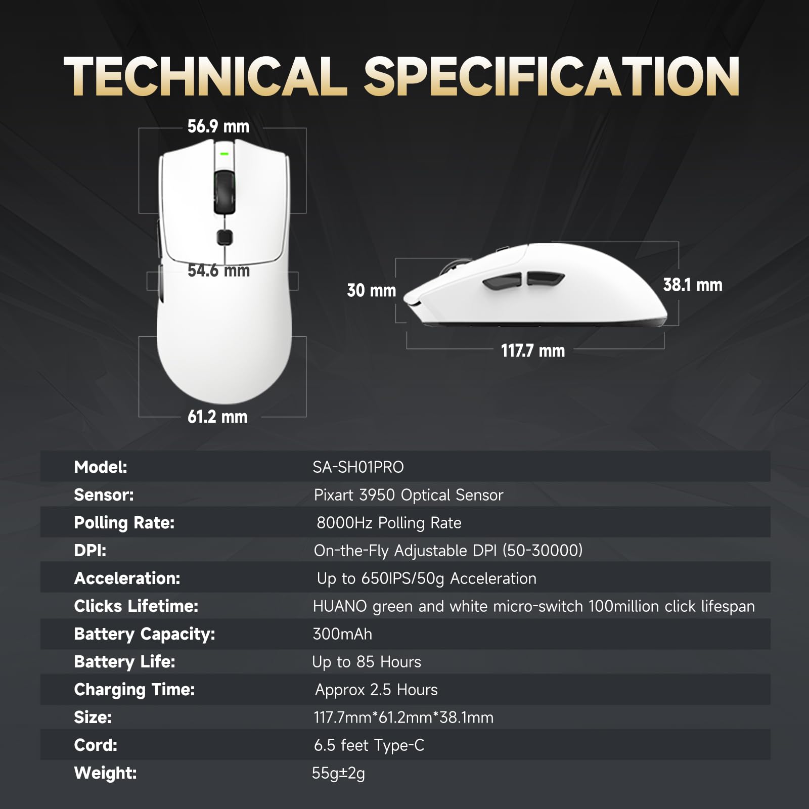 RAWM Ratón inalámbrico para juegos 8K, sensor óptico PAW3950 30K DPI, ligero de 55 g, MCU Nordic 52840, eSports simétricos y ratones para juegos FPS