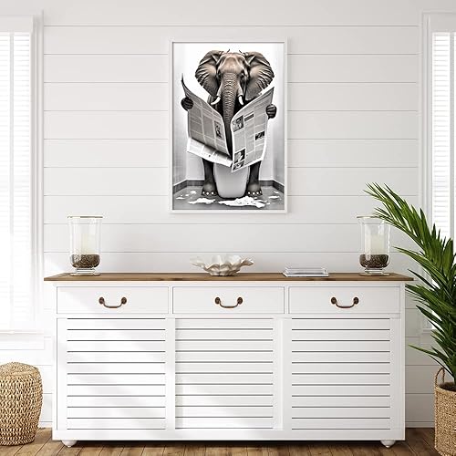 Miniatura 4 de KOEUIRW Divertido lienzo de elefante para baño, póster de elefante lindo en el inodoro, impresiones de animales en blanco y negro, pintura