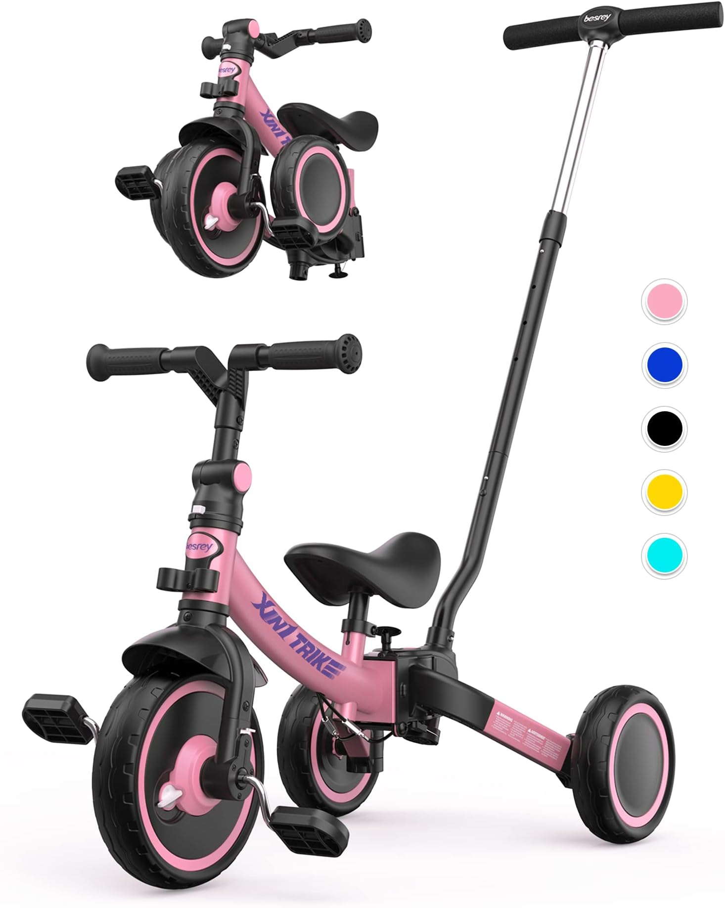 besrey 5-in-1 Toddler Tricycle with 5-Height Parent Steering Push Handle for 1-5 Years Old, Foldable Kids Trike, Bike with Wheel Clutch, Larger Wheels, Removable Pedals, Height Adjustable Seat, Pink