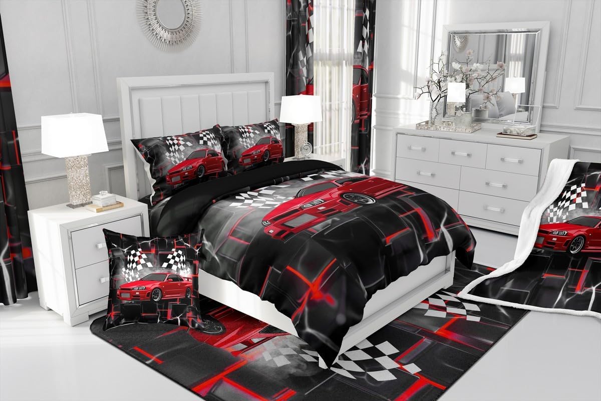 Feelyou Sports Car Bedspread Red Race Car Bedspread for Kids Boys Girls Extreme Sport Coverlet Set Racing Gaming Quilted Bedroom Collection 2Pcs Twin Size