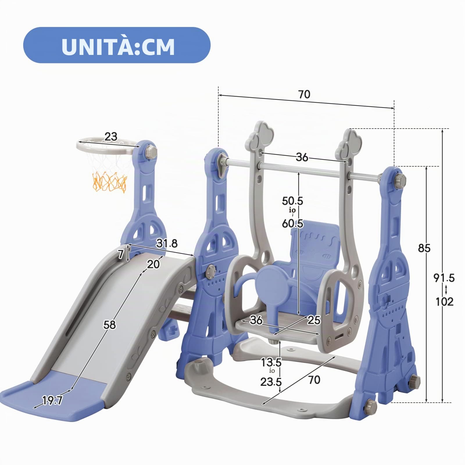 Scivolo a dondolo 4 in 1 per bambini, altalena con scivolo, con supporto da basket, scala (blu)