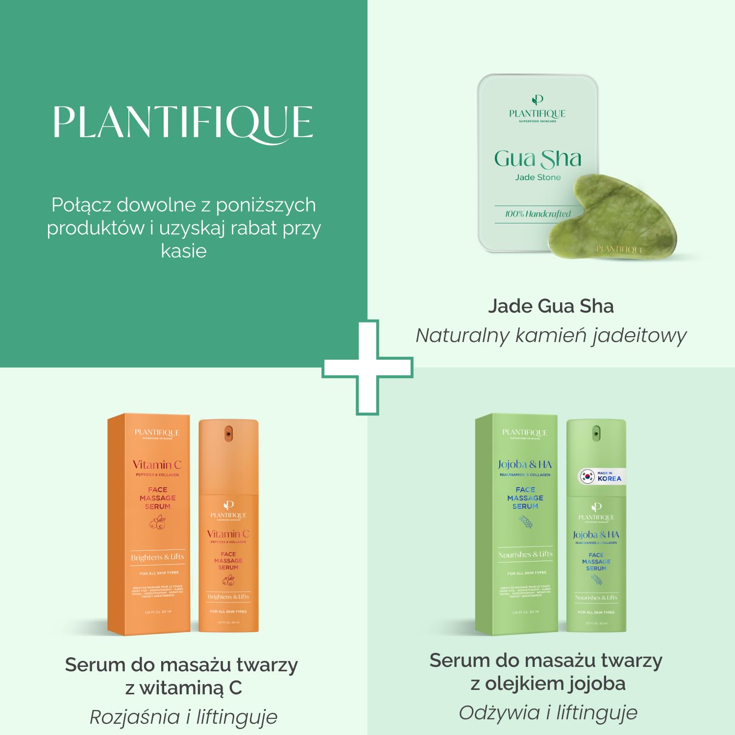 PLANTIFIQUE Gua Sha Jade Stone - Narzędzie do masażu przeciwstarzeniowego - Narzędzie GuaSha do twarzy - Produkty do pielęgnacji skóry twarzy - Masażer twarzy do rutynowej pielęgnacji skóry