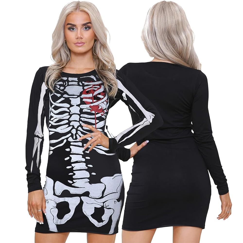 Skeleton Costume Adult Women | Red Blood Heart Skeleton Dress | Long Sleeve Bodycon Skeleton Outfit | Skull Bones Printed Ladies Halloween Costume Dress | Skeleton Top Tunic for Halloween Parties