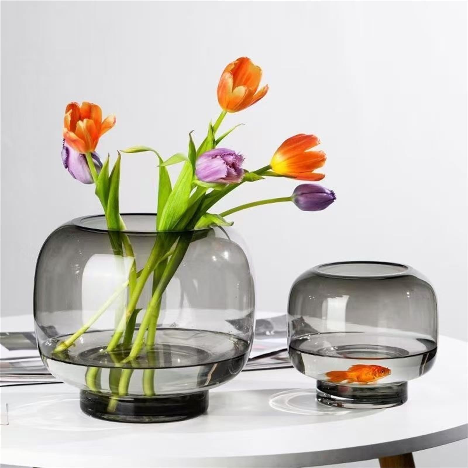 Vase Hydroponique Verre Vase en Verre Transparent avec Conception Circulaire à Grande Bouche, Table Manger for Salon, Arrangement Floral hydroponique, Ornement Double Usage(Small Gray)