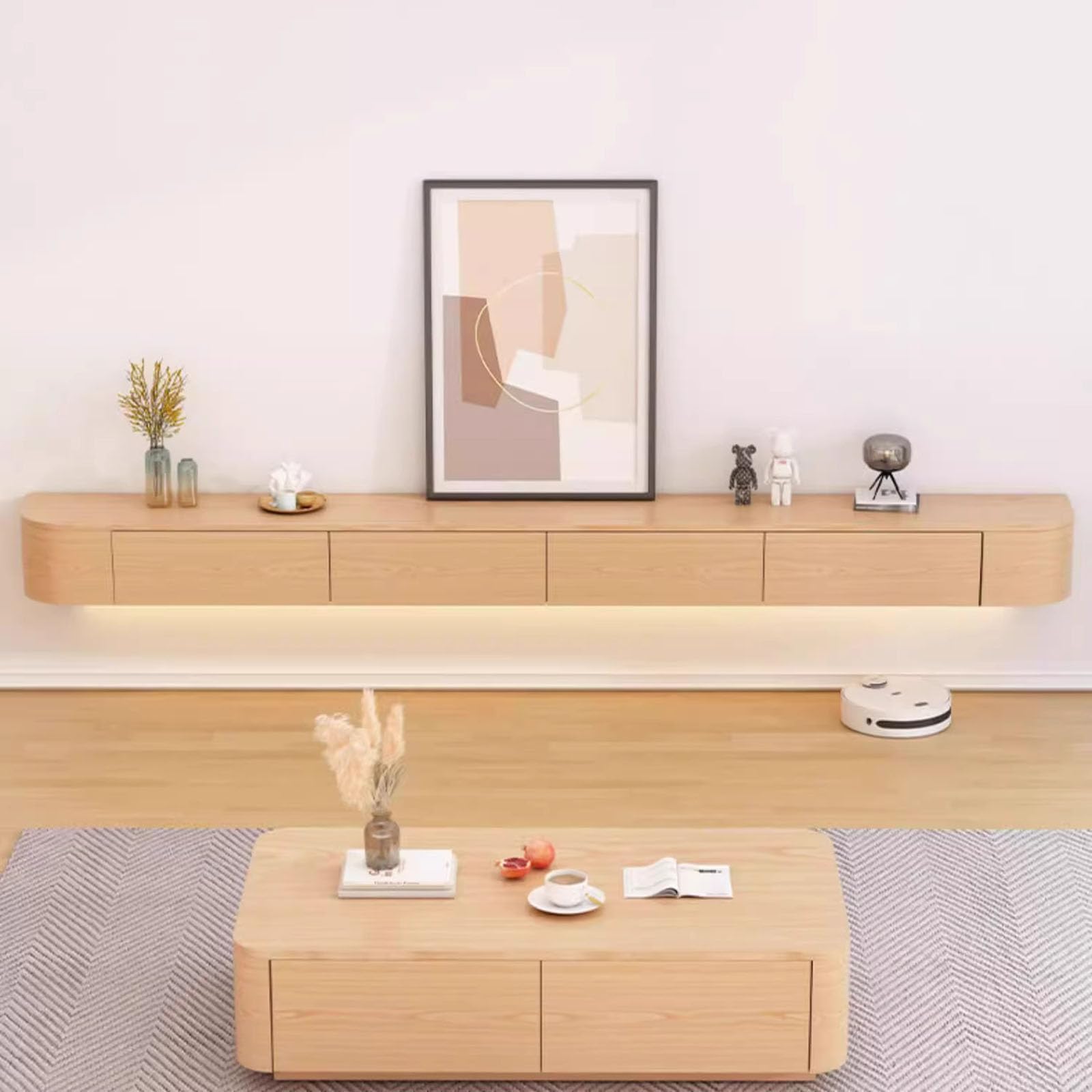 Supporto TV sospeso - Console multimediale montata a Parete con 2 cassetti, Elegante Centro di intrattenimento, Ampia Panca TV portaoggetti per Soggiorno, salvaspazio