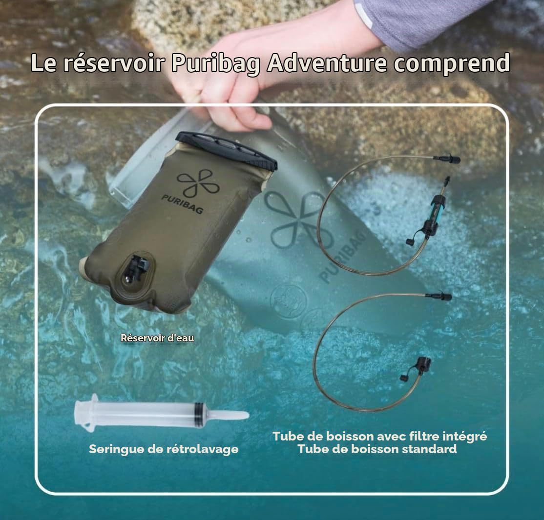 Puribag Adventure Vessie : poche d'hydratation 2L avec filtre – poche à eau de rechange compatible avec d'autres systèmes, parfaite pour la randonnée et le vélo